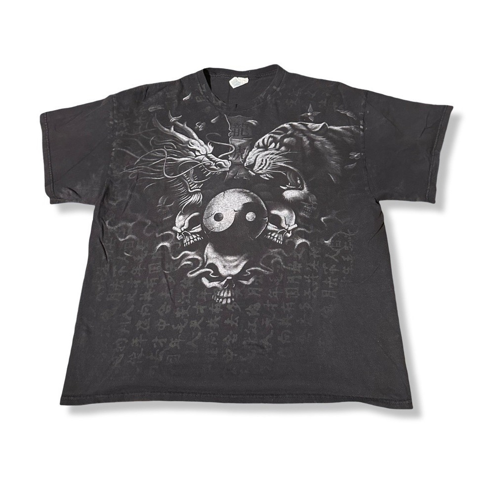 VTG Graphic T Shirt Dragon Tiger Yin Yang Affliction Grunge Skull Y2K XL Black